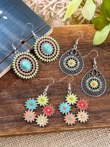 3 pairs Boho Bohemian Style Daisy Flower Earrings Set, Oval Water Drop Hollow Out Design, Colorful Women's Jewelry, Perfect Gift Choice