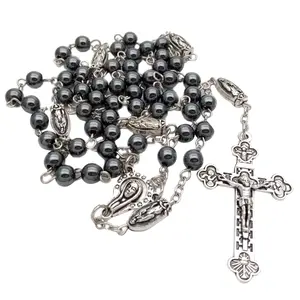 Vintage Religion Rosary Necklace Hematite Stone Round Beads Chain with Jesus for Cross Pendant Prayer Catholic Jewelry Gift