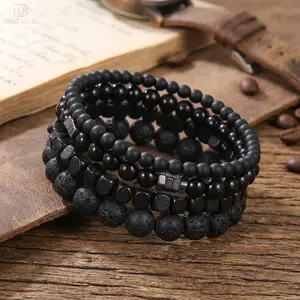 4Pcs Men's Stackable Bead Bracelet Set - Black Lava Rock & Matte Onyx Versatile Adjustable Cool Aesthetic Jewelry for Daily Wear, Gifts For Him,Fathers day gift, men accessories