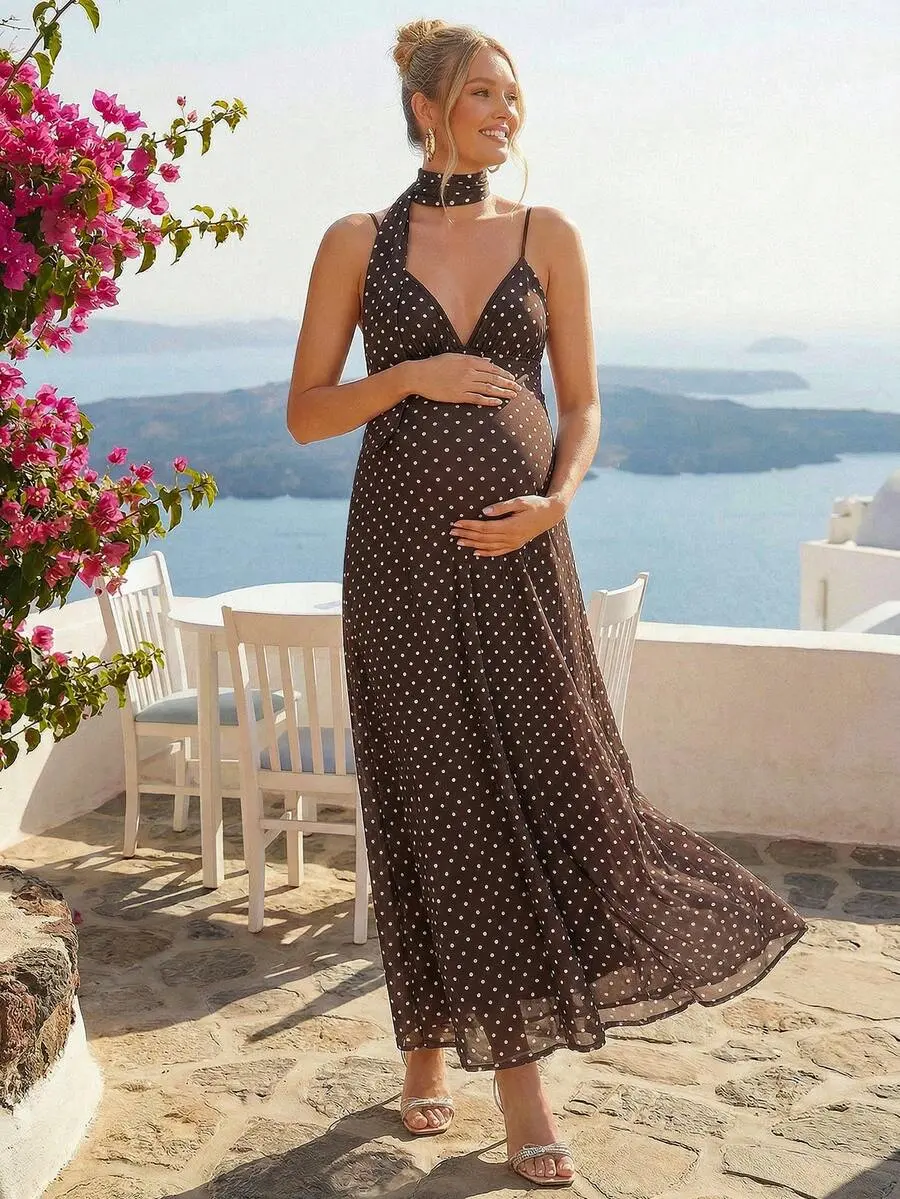 MaterniRIO Maternity Brown Polka Dot Print Sleeveless Maxi Dress,Elegant Summer Holiday Pregnancy Dresses For Baby Shower,Gender Reveal,Party & Photoshoot