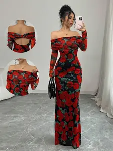 Elegant Rose Off-Shoulder Dress, Long Sleeve, Autumn New Year Valentine's Day Women's Fashion, Casual Slim-Fitting Floral Pattern, All Seasons Wear, Chic, Womenswear