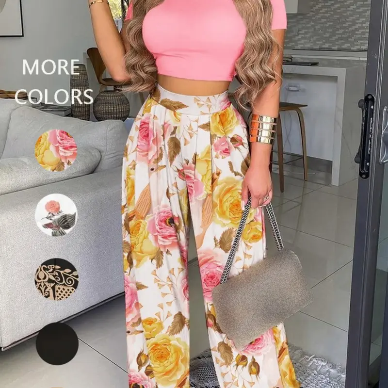 Two-Piece Set Women's Floral Leaf Printed Fitted Crop Top & Wide Leg Pants, Casual Fashion Aesthetic Cozy Top & Trousers Outfit for Daily Outdoor Wear, Women's Clothing for Summer, Suits, Womenswear