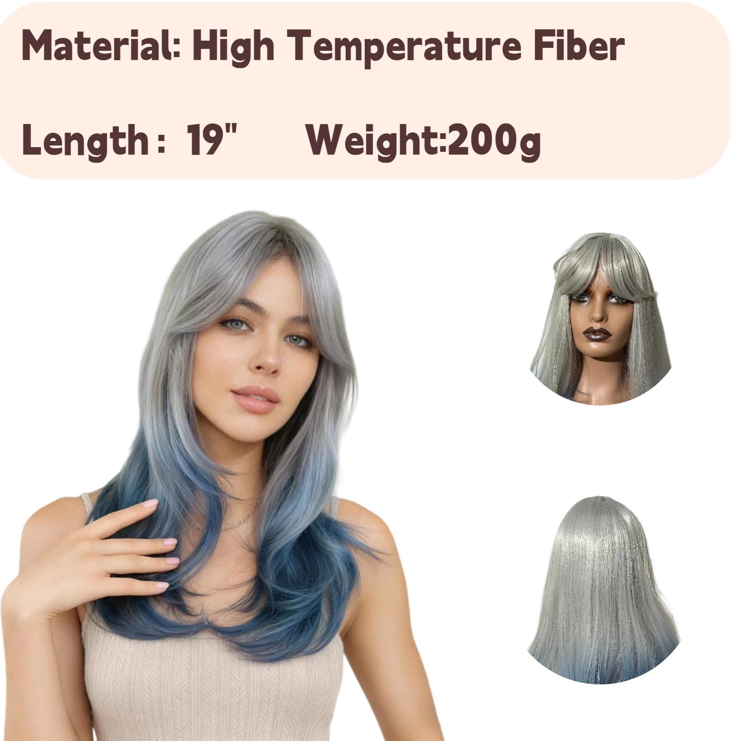 Blue & White Ombré Short Wig — Women's Straight Bob Wig with Bangs, Synthetic Material, Suitable for Daily Wear (Includes Wig Cap)