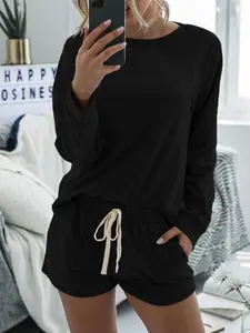 Women's Plain Ribbed Sleeve T-Shirt and Drawstring Waist Shorts Set, Casual Comfortable Loose Round Neck Top and Pocket Short Pajama Set Nightwear Loungewear Pjs