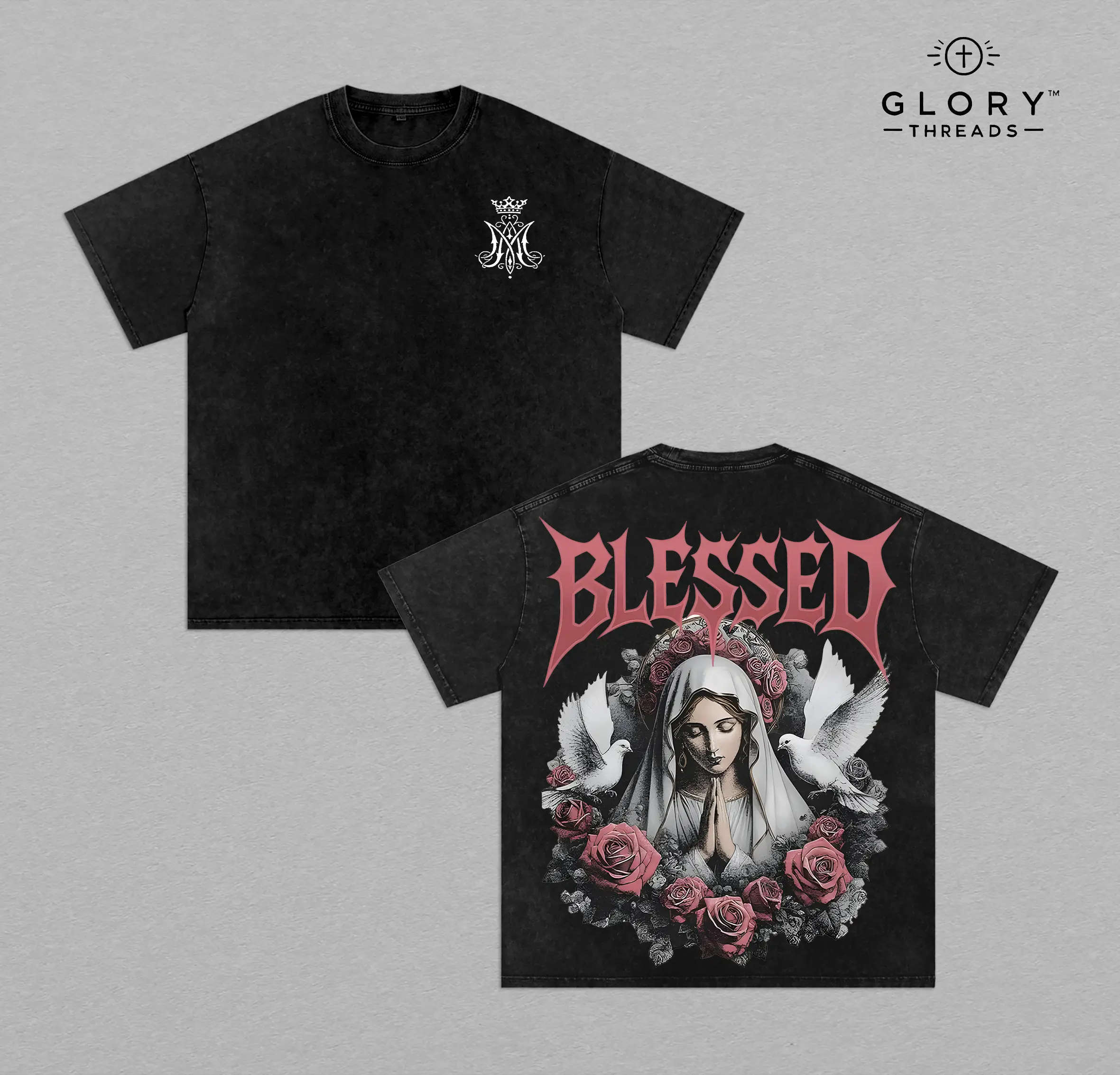 Blessed Virgin Mary Rose Art Vintage Washed Tee, Oversized Heavyweight Unisex Christian Streetwear T-shirt Religious Art Shirt Christian Streetwear Gothic Angelcore  Church Outfit