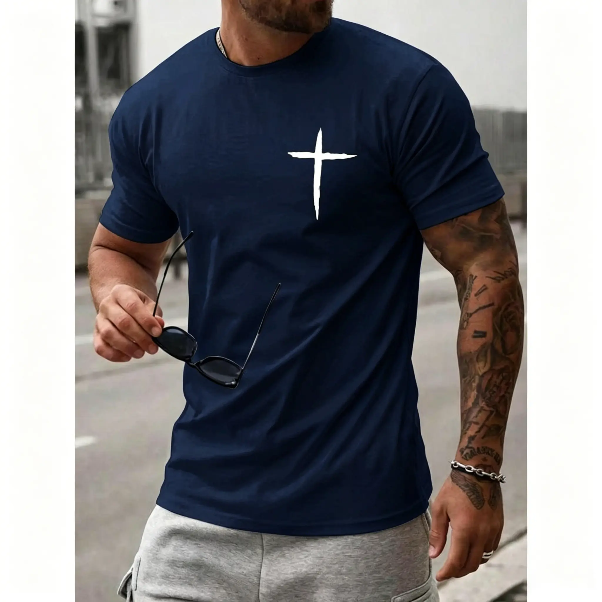 Manfinity Homme Men's Cross Printed Slim Fit T-Shirt, Cross T-Shirt, Jesus T-Shirt