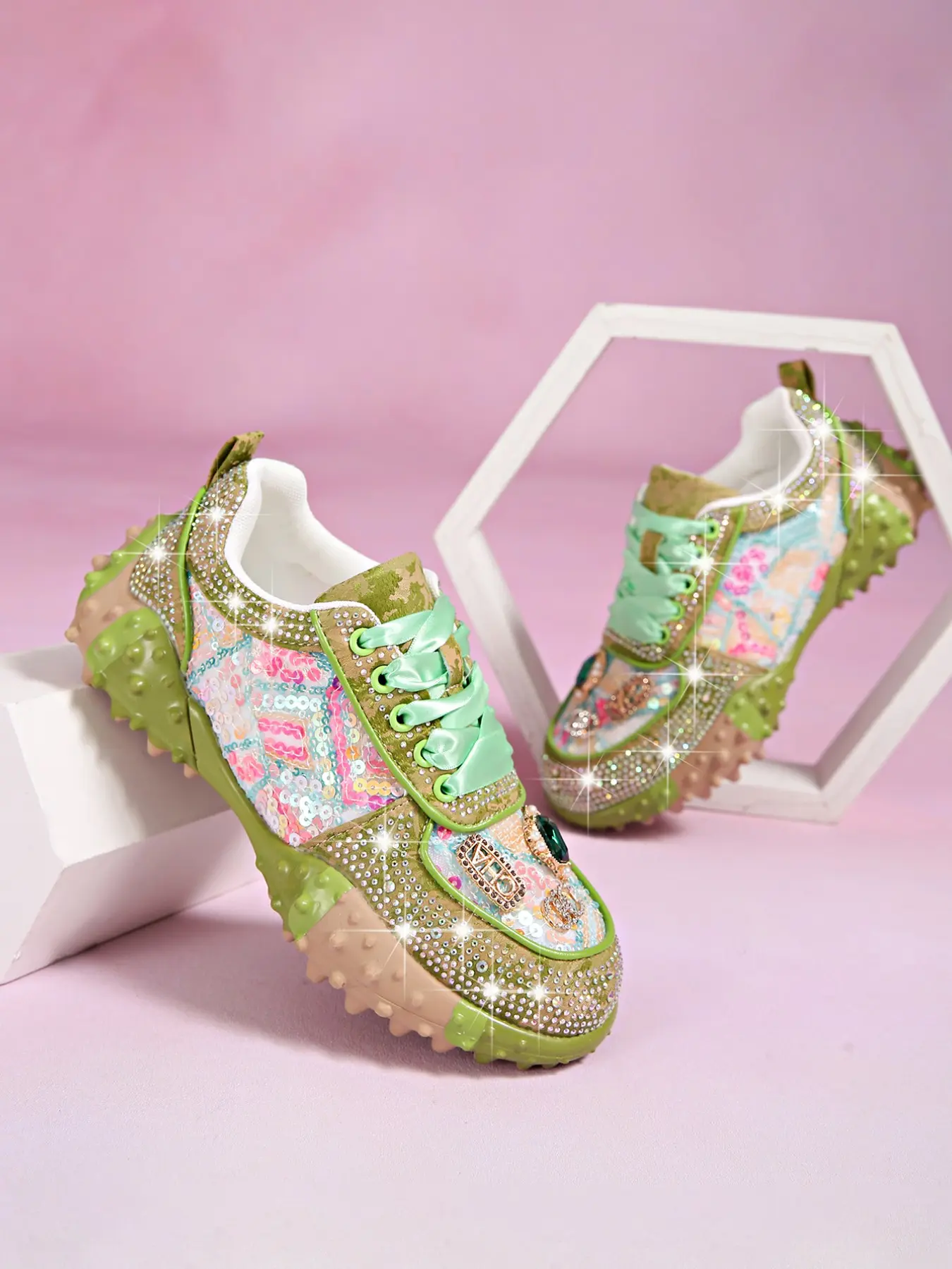 Women's Rhinestone Thick Sole Sports Shoes, Thick Soled Sneakers, Colorblock Comfortable Anti-Slip, All Season Daily Wear, Low Top Medium Width, Stylish Sneaker, Trendy Fashion Sneaker, Lifestyle Colorblock Sneakers, Trendy Sneakers