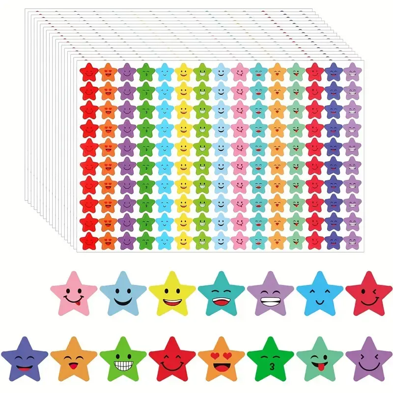 1500 Star Adhesive Sticker Sheets, 15 Designs Happy Smiley Faces, Smiley Face Stickers, Student Reward Charts Behavior Labels, DIY Crafts Scrapbook Stickers for Scrapbooking School Office Supplies