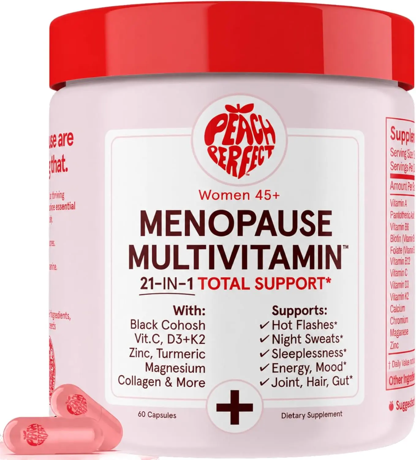 Peach Perfect Menopause Multivitamin | 21 Vitamins for Women 45+ | Black Cohosh, Ashwagandha, Vitamin D3+K2, Probiotics & Collagen | Support for Hot Flashes, Mood Swings, Joint & Skin Health | 30 SVG