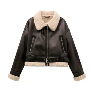New Woman's Fashion Thick Warm Faux Shearling Jacket Coat Vintage Long Sleeve Belt Hem Female Outerw Piece Tops Casual Womenswear
