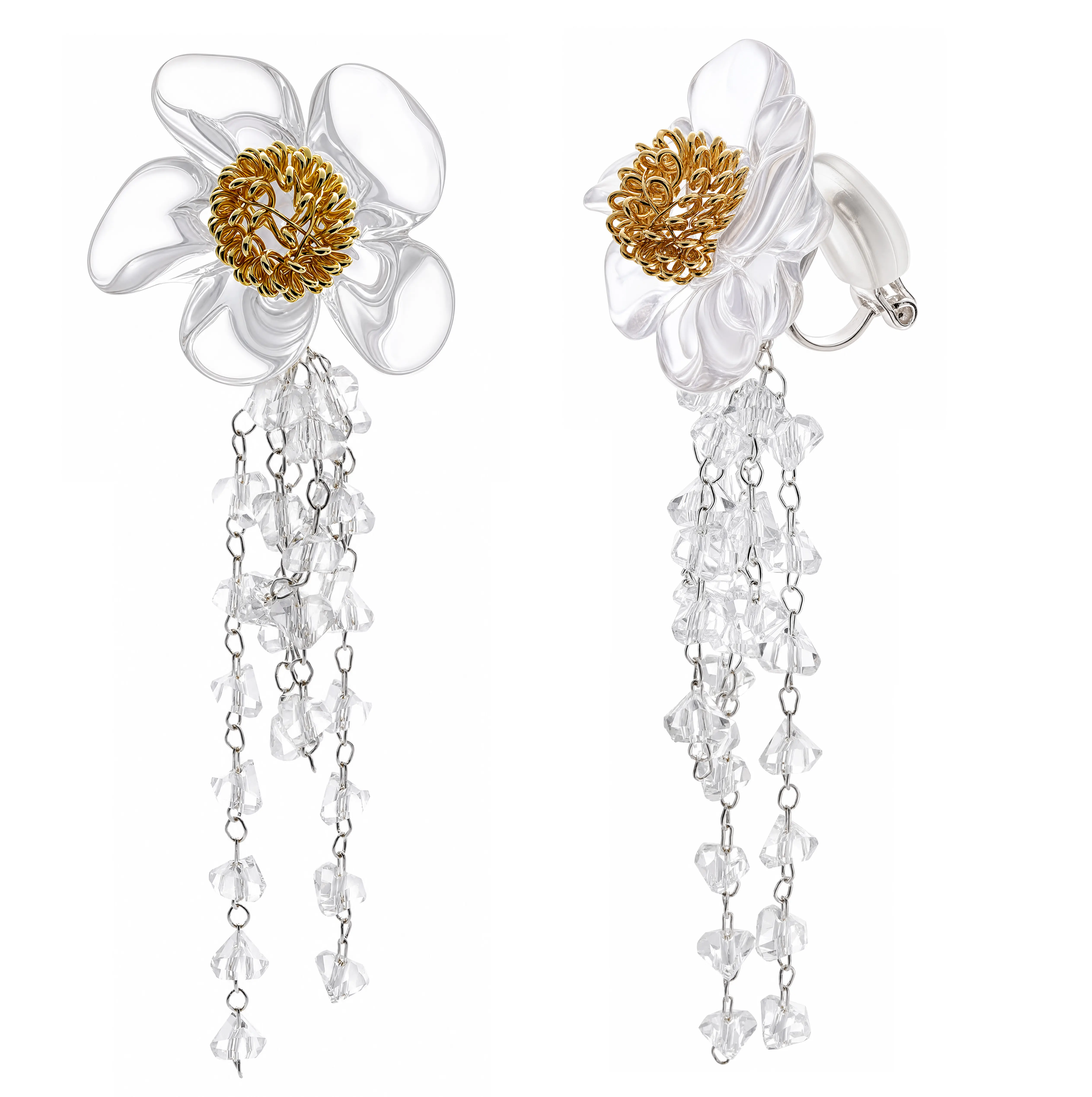 Women’s flower clip-on earrings, elegant tassel design, comfortable non-pierced earrings for everyday wear and vacations