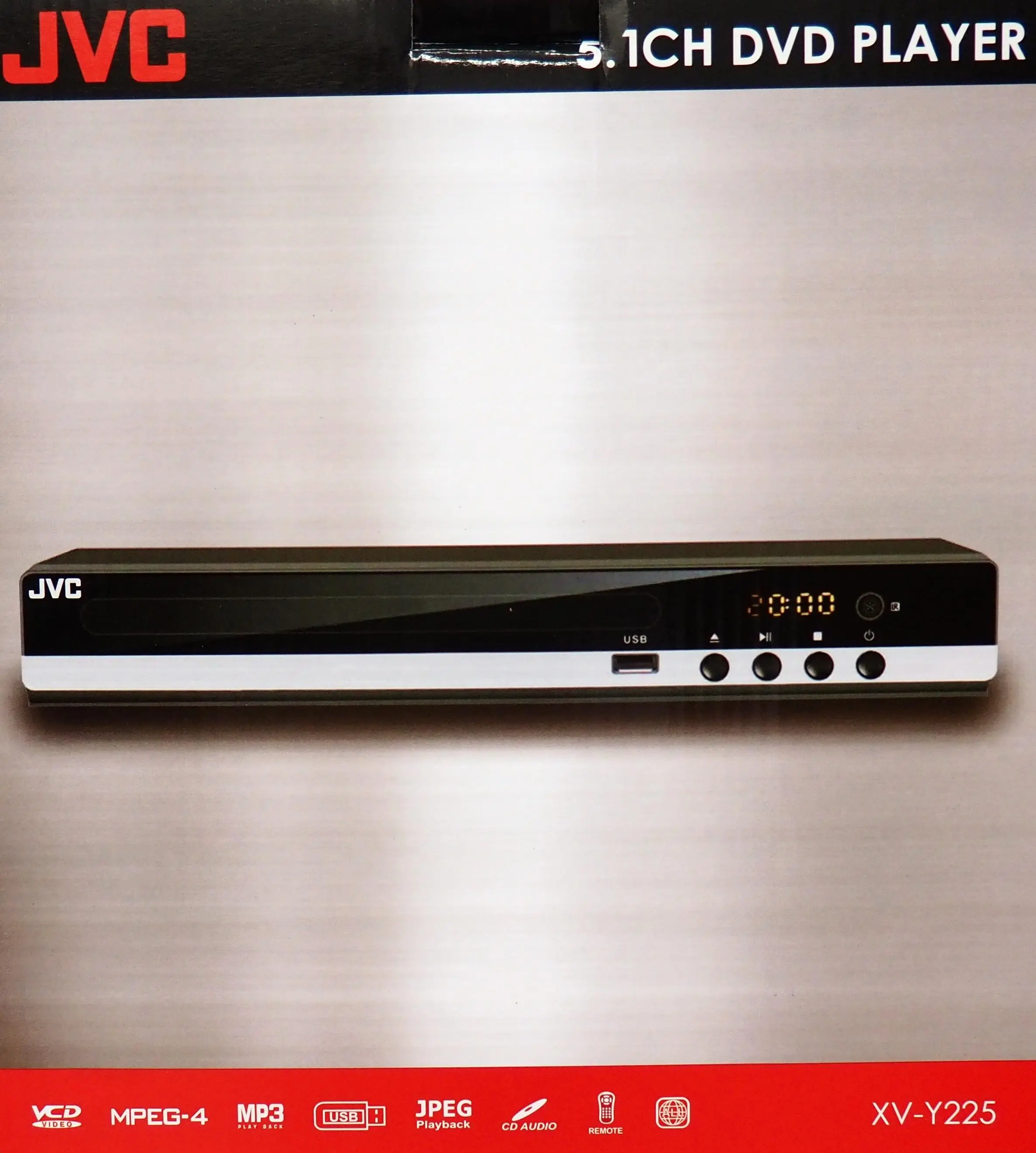 JVC XV-Y225 All Region Free DVD Player - Black Optical Audio Device, 5.1 Channel Audio, Remote Control, Adjustable Settings, Multi-Format Support (DivX, MPEG, MP3, WMA), Digital USB Playback, CD Compatibility