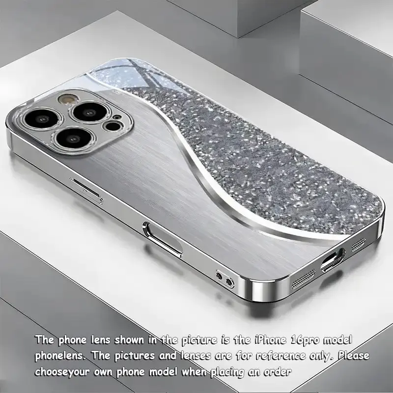 This silver-glitter curved case features a drop-proof and non-slip TPU electroplated silver glass finish, suitable for iPhone 17, 16, 15, 14, 13, 12, 11, and Samsung models. It makes a great gift for friends or family.