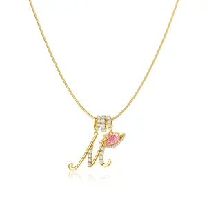 Dearmay Gold 3-Layering Initial A.Z Letter Pendant Necklaces for Women Snake Chain Choker Pink Heart Zircon Adjustable Length Necklace Jewelry Greenish Spring