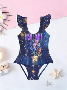 Trendy Hair Cartoon Character Kids Swimwear, Deep Blue Star Element Quick-Dry Ruffle Swimsuit, Casual Sleeveless Girls' Romper, Swimwear Bathing Suits