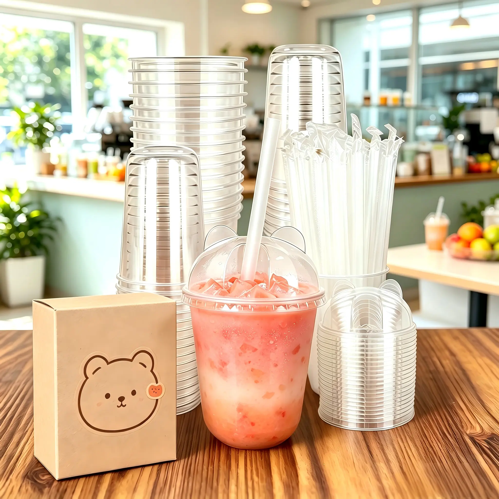 Disposable Transparent Plastic Cute Panda Shape Cups Set (100 Sets: Cups + Lids) - 12oz/16oz, Lightweight, Sturdy, Bulk Pack, Ideal for Iced Coffee, Poolside, Parties, Busy Event Venues