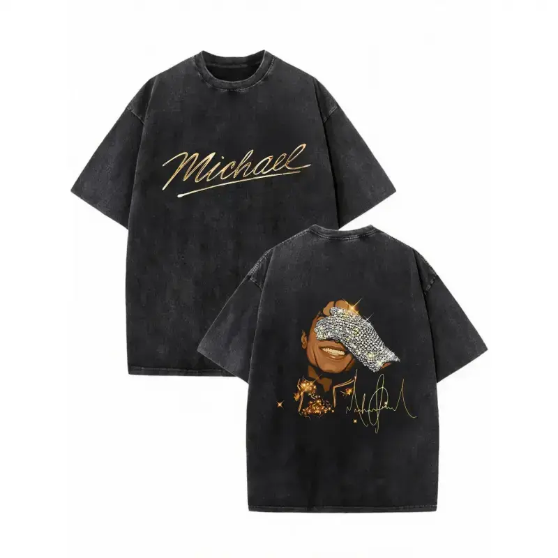 Vintage Washed Michael Jackson Double Sided Print T-Shirt Rhinestone Glove Gold Signature King Of Pop Retro Music Graphic Oversized Streetwear Casual Tee Unisex Relaxed Fit Stylish Menswear