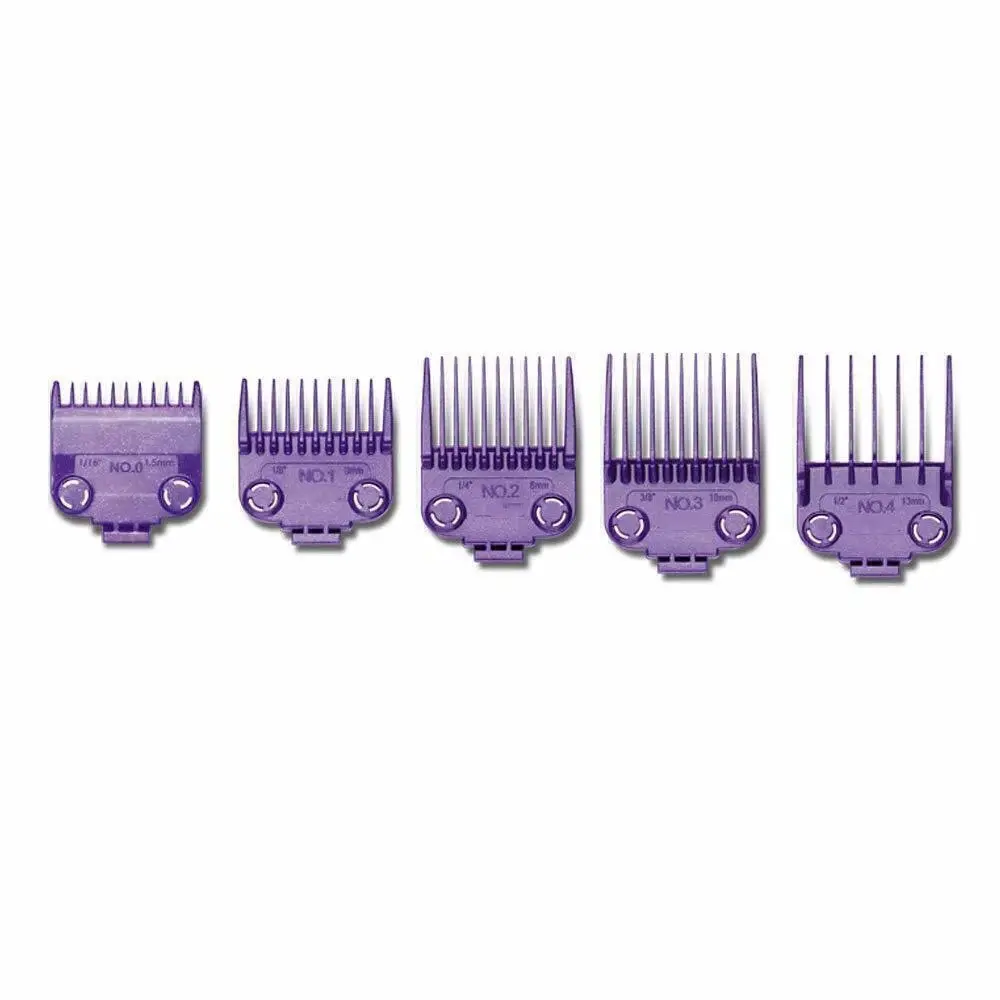 5-Piece Guide Comb Set with Magnetic Lock and Snap for a Secure Fit, Quick Change Guards, Purple for Easy Storage, Sizes 0-4 (1/16"-1/2"), Durable, Polymer, High-Toughness Polymer, Barber, Hair Tools, Precision Cut