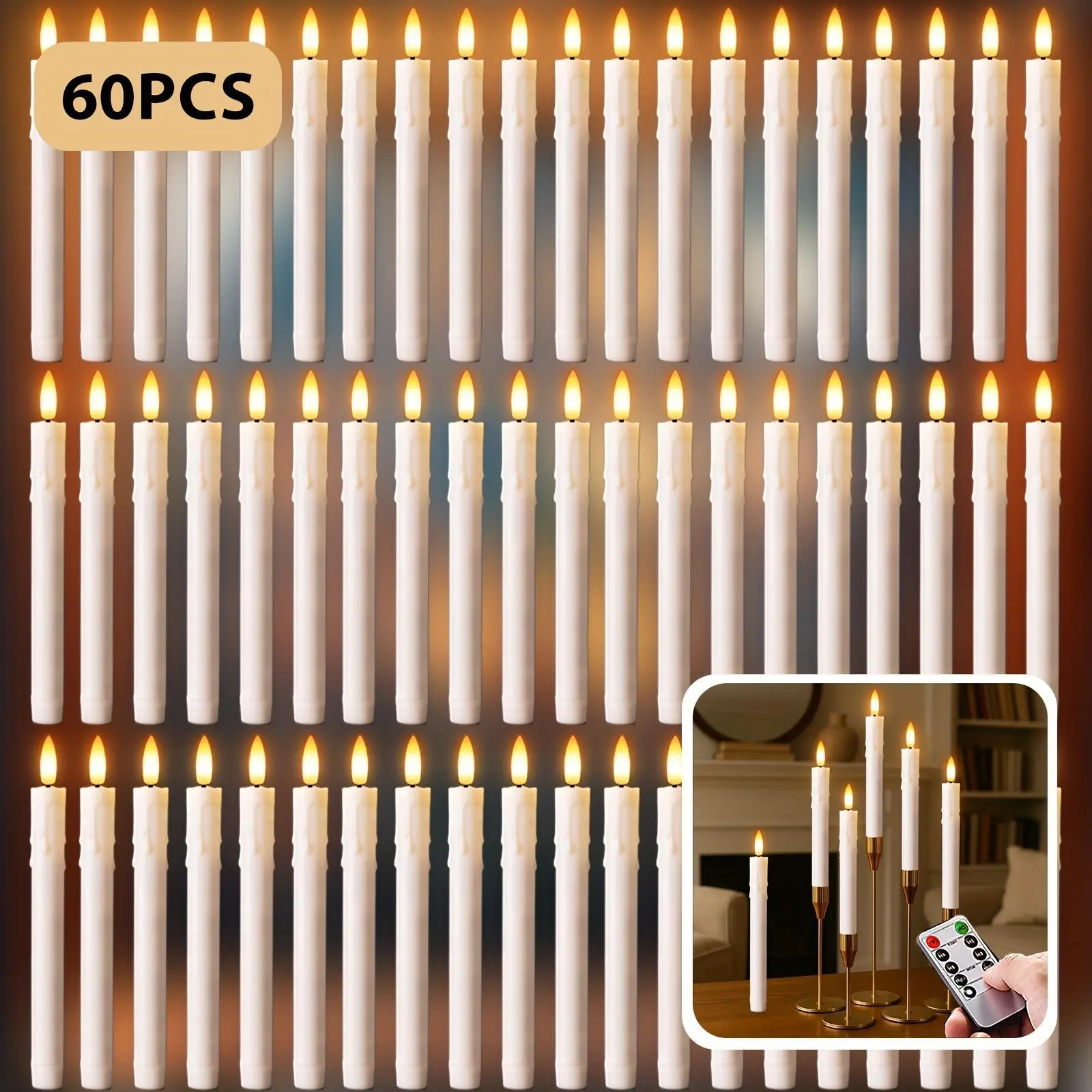 60pcs Ivory White Flameless LED Candles with Remote Control & Timer, Battery Operated (2 AA), Wavy Head Effect for Weddings, Christmas, Home Decor, Holiday Ambiance