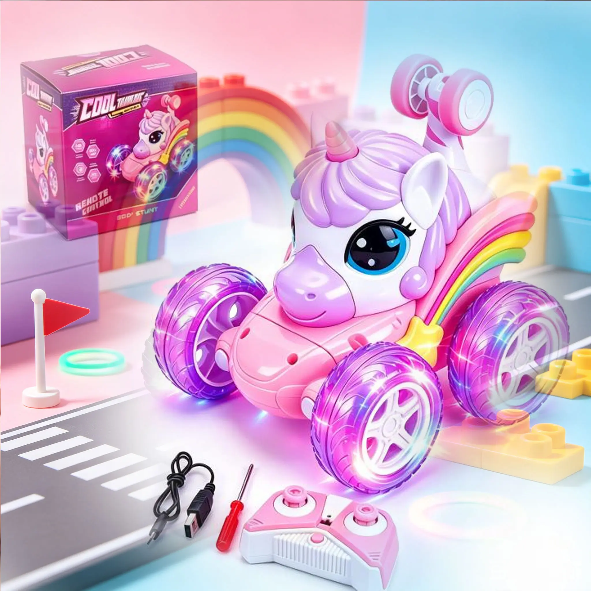 Unicorn Theme 4WD RC Stunt Car for Toddlers, 2.4GHz Remote Control Vehicle with Auto Stunt Mode, Smart Automatic Demonstration, LED Light Show, Includes Cells