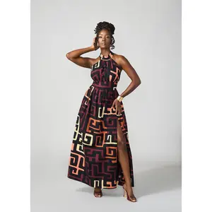 Ronke Women's African Print Maxi Dress (Neutral Kuba Geometric)