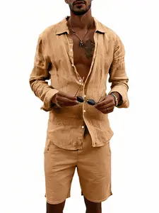 Summer Men's Vacation Linen Breathable Casual Loose Long Sleeve Button Open Shirt Beach Shorts Set, Comfortable and Stylish for Relaxing Days