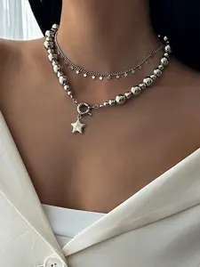 Silver Layered Star Beaded Choker | Edgy Y2K Gift for Her, Everyday & Party, Elegant Beaded Necklace, Star Shine Necklace