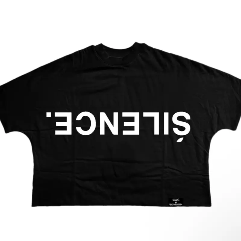 Silence Tee Shirt - Black Cotton T-Shirt with Bold White Lettering for Casual Wear Menswear Crewneck