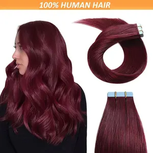 2025 NEW Fashion 20pcs Luxurious 99j Burgundy Remy Human Hair Tape-In Extensions |   Real, Seamless Straight Hair |   16-28 Inch Lengths, 30g |   Vibrant Color Match for Stunning Hairstyles, Versatile Hair Styling | Glossy Finish | Highquality Extensions,