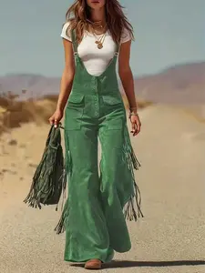 Women's Western Style Suede Velvet Fringe Fitted Wide Leg jumpsuit, Pocket Decorated Backless Long Trousers Pants, Trendy Aesthetic Casual Wear