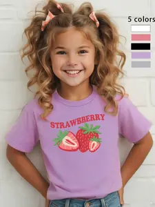 Girls Strawberry T Shirt with Fresh Fruit Print, Cute and Stylish Casual Wear, Soft and Breathable Fit for Kids, Graphic Shirt