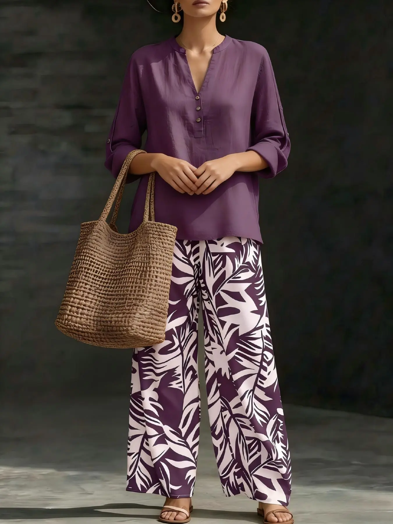 Women's Casual 2-Piece Ready-to-Wear Set - V-Neck Button Blouse, Botanical Print Spandex Baggy Relaxed Wide-Leg Pants (Cold Wash Only), Women's Clothes