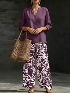Women’s 2-Piece Soft Spandex-Fabric Clothing Set - V-Neck Button-Detailed Blouse & Printed Botanical Wide-Leg Pants, Comfortable Breathable for Daily Outings, Casual Gatherings