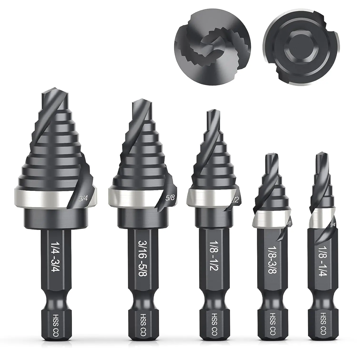 THINKWORK M35 Cobalt Spiral Flute Step Drill Bit Set, 5 Pcs Single Size HSS Step Bits (1/8"-3/4"), Small Size EDC Unibit with 1/4" Shank Step Bits for Metal, Aluminum, Steel, Wood Plastic