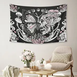 Pink Black Skull Butterfly Mushroom Tapestry - Gothic Cottagecore Polyester Wall Hanging 30x40 40x60 50x60 60x80 60x90inch