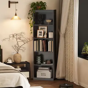 ALISENED 5 Tier Bookshelf Organization Bookcase, Tall Narrow Shelf Stand , Modern Skinny Cubes Storage  Display for Bedroom, Living, Office Furniture