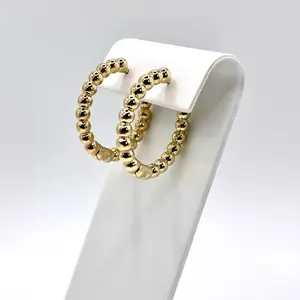 14K Gold-Plated Medium Beaded Hoop Earrings | Aretes de Balines Dorados | Gold Ball Hoop Earrings for Women