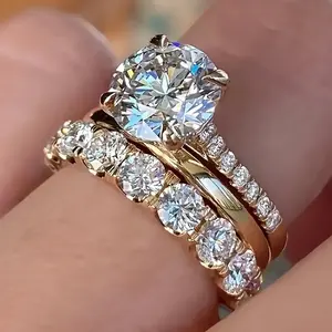 3PCS Luxury Round Cut Zirconia Ring Set for Women, Gold Inlay Shiny Bridal Wedding Jewelry, Trending TikTok Elegant Engagement & Party Rings, Romantic Gift for Valentine’s Day, Anniversary & Daily Wear