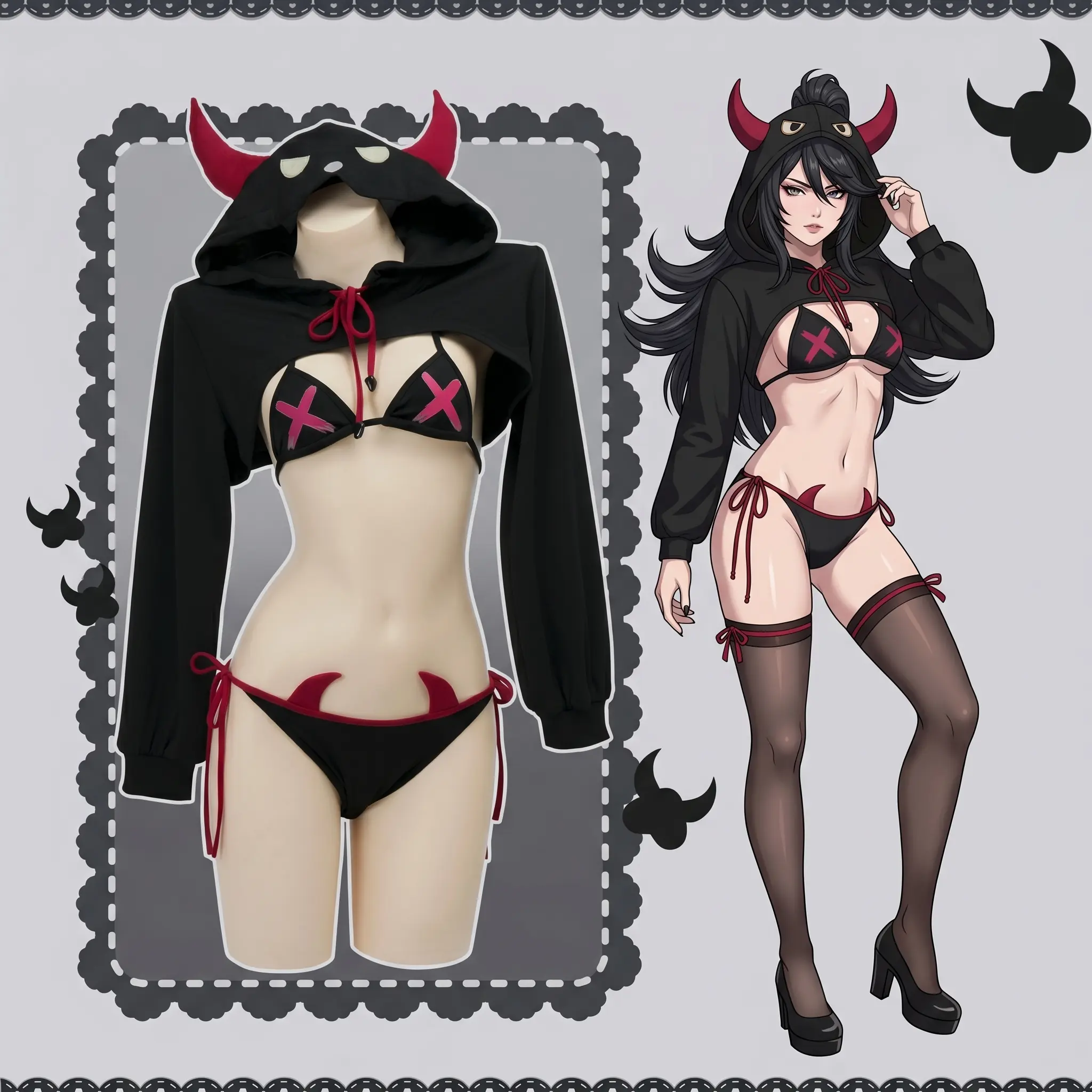 Moeveil Little Devil Bikini + Short Hoodie Lingerie Set: Sexy Strappy Three-Piece Succubus Cosplay Costume, Anime and Manga-Inspired Loungewear