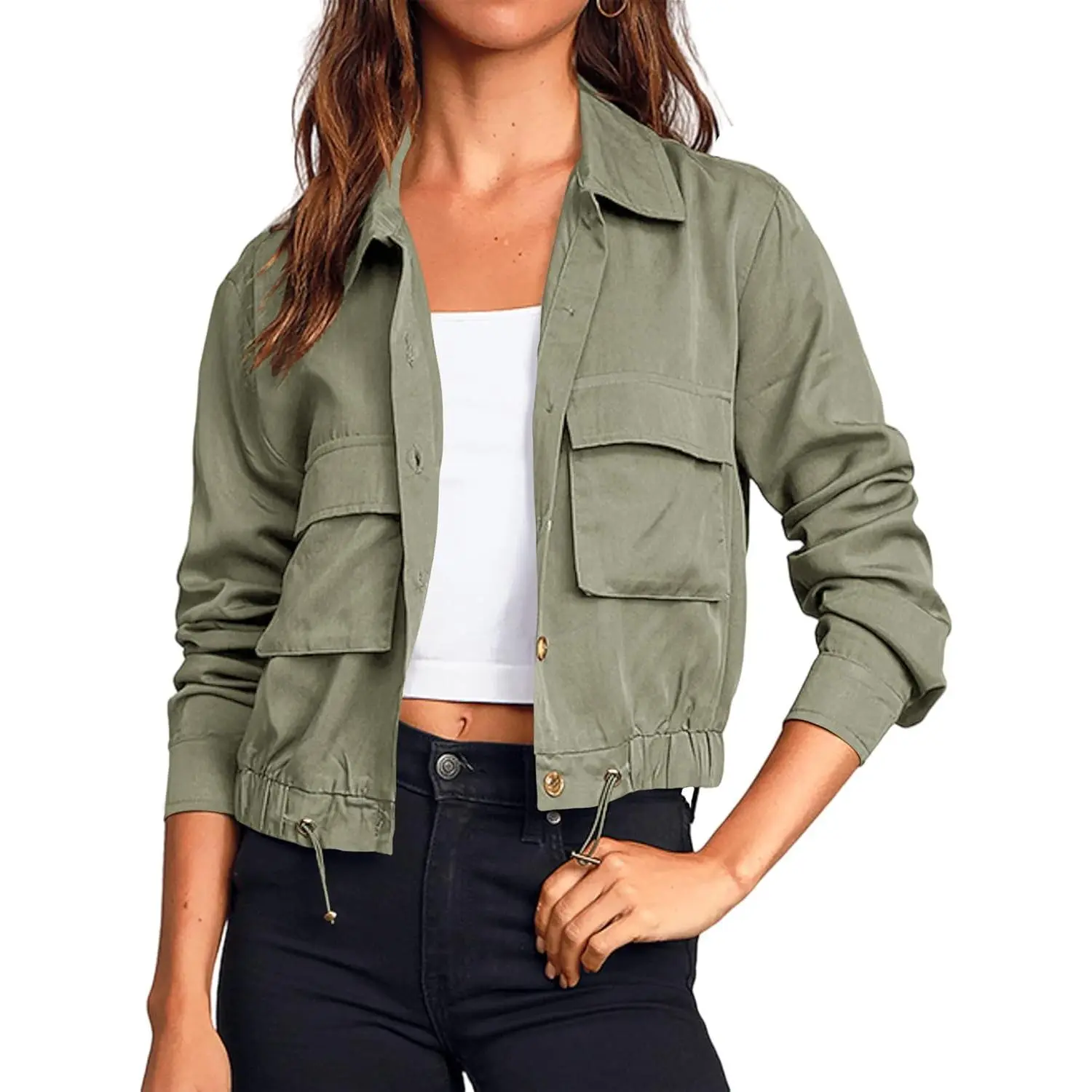 Women's Military Safari Cropped Jackets Button Down Lightweight Oversized Utility Anorak Coat with Pockets,back to school,back to school shopping