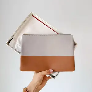 Pre-owned Longchamp Roseau Series Light grey & caramel smooth calfskin Zip Pouch