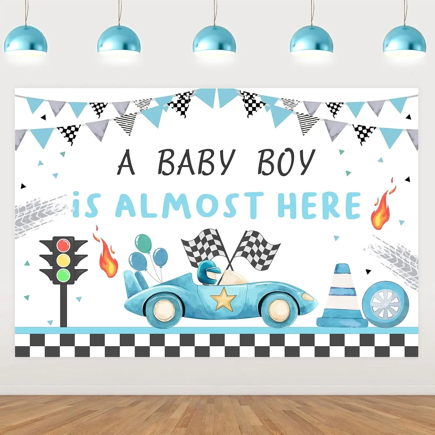 1Set 5x3ft Vintage Blue Race Car Baby Shower Backdrop  A Baby Boy is Almost Here Decorations Lets Go Racing Car Themed Photography Background for Pregnancy Celebration Newborn Party