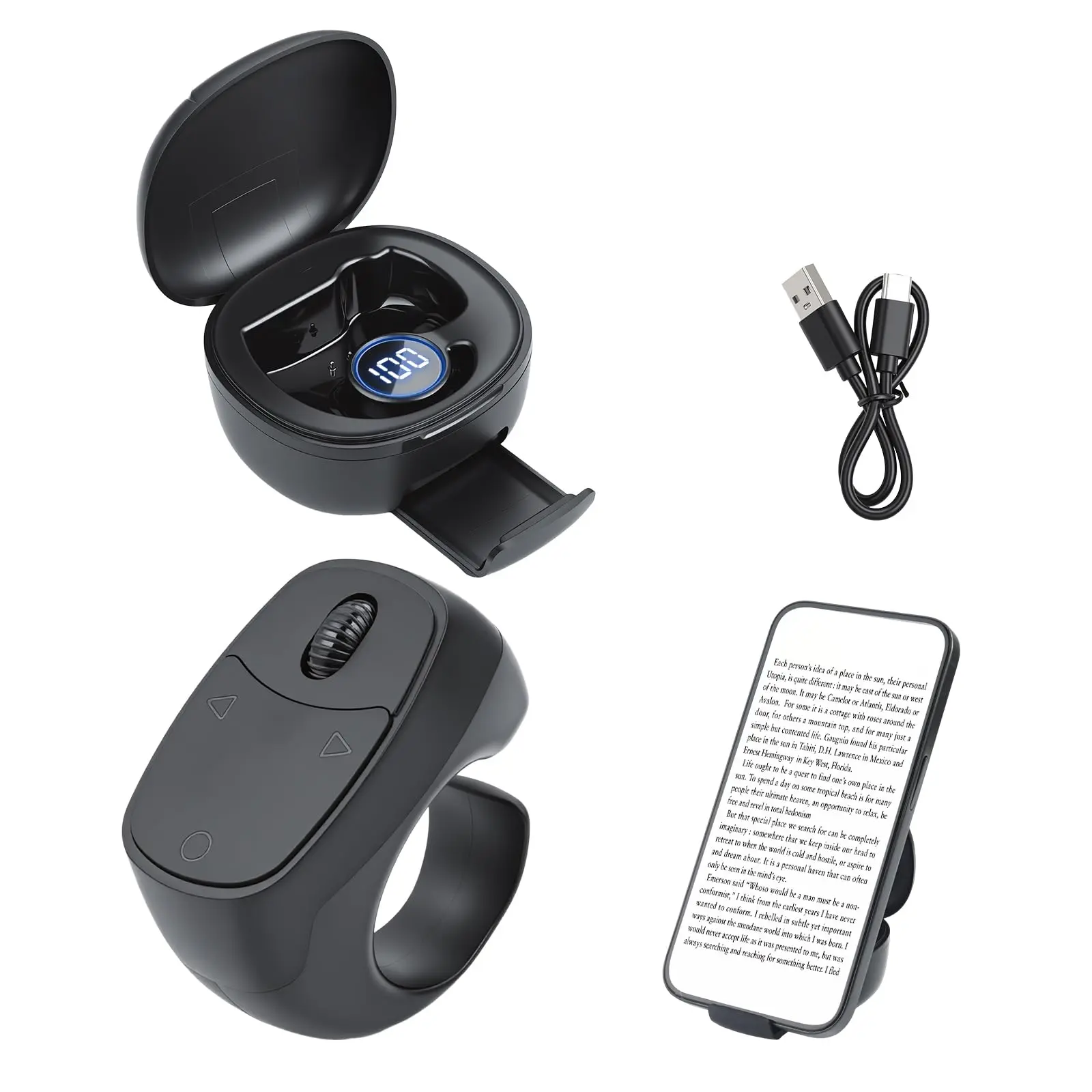 Wireless Bluetooth Ring Remote Control with ABS Plastic Body, Scroll Wheel, Swipe Up/Down, Like, Pause/Play, Volume Adjustment & Camera Shutter, Charging Case with Phone Stand for TikTok, YouTube, iOS 14.8+ & Android 8.0+ Mobile Phone Selfie Accessories