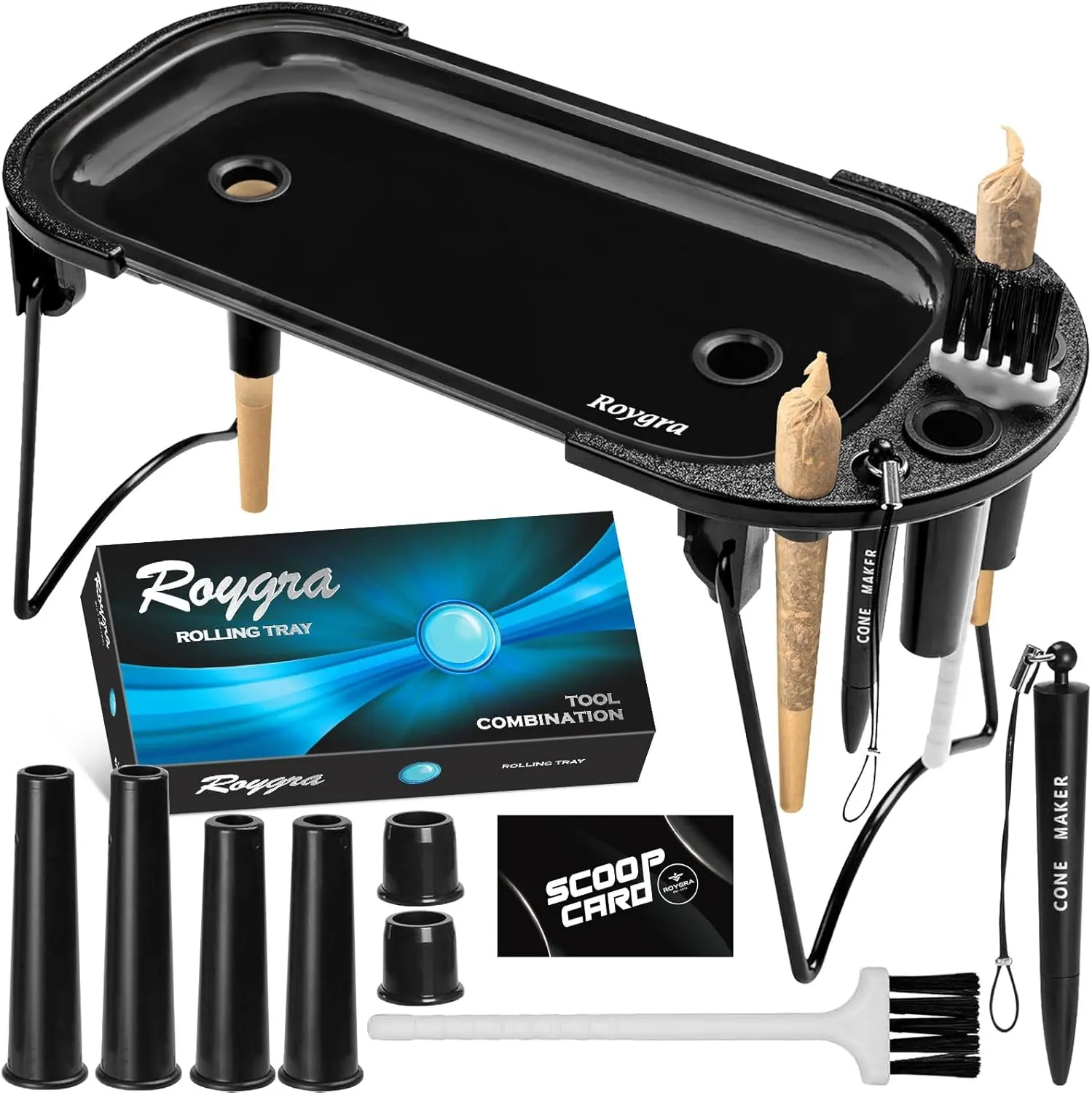 roygra Foldable Rolling Tray Set with Cone Loader, Cone Filler Roller - Pre Roll Machine, Metal Rolling Machines for King Size, 1-1/4 Size or 70mm Cones, Smoking Accessories, 9 x 4 inch - Black