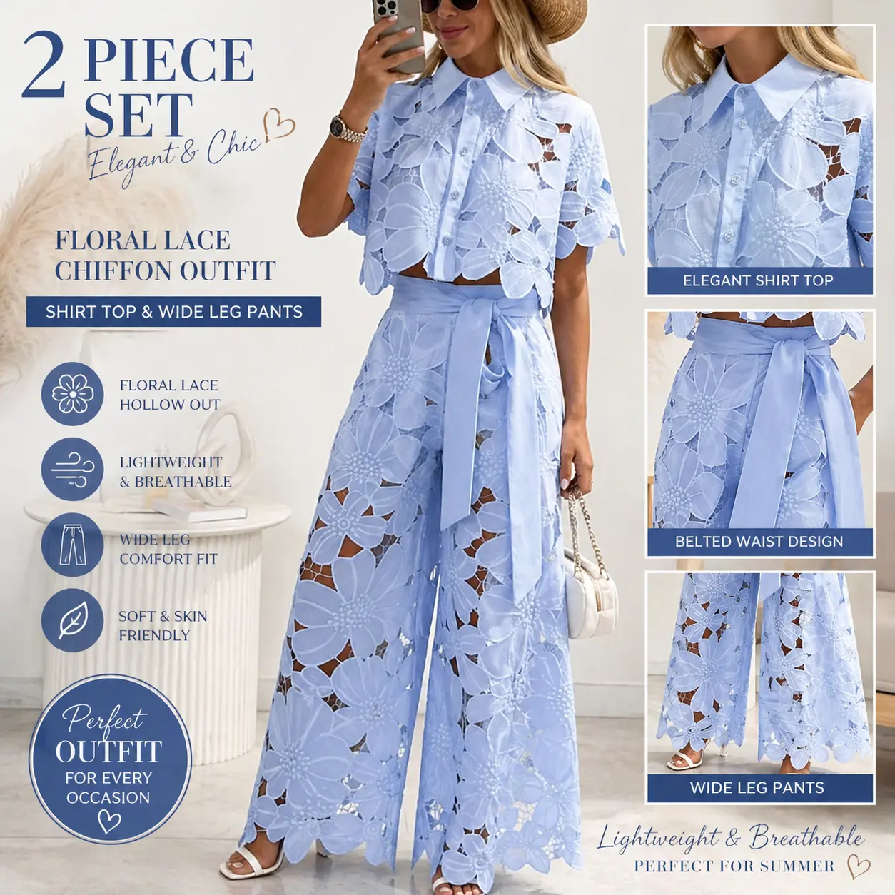 2 Piece Outfits For Women Floral Hollow Out Button Shirt Top Wide Leg Belted Pants 2 Piece Sets