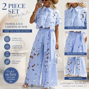 2 Piece Outfits For Women Floral Hollow Out Button Shirt Top Wide Leg Belted Pants 2 Piece Sets
