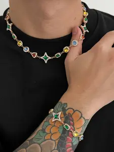 CRUSH CR Retro Rainbow Gem Star Hip Hop Jewelry Set for Men Women, Choker Bracelet with Mix-Shape Color Stones, Iced Out Star Charms for a Bold Vintage Vibe, Perfect for Hip Hop Shows, Streetwear Fits, 90s/2000s Parties Urban Fashion, Necklaces