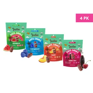 Joolies Date Sours 4-Flavor Variety Pack - Watermelon, Blue Raspberry, Peachy, Cherry Cola - Organic Chewy Sour Candy Made with Dates