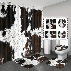 Popular Choice 1pc/4pcs, bathroom, Restroom shower curtains, shower curtain sets, bathroom decor, rug, mat, home decoration, Cow Pattern, Animal Pattern, with 12 hooks