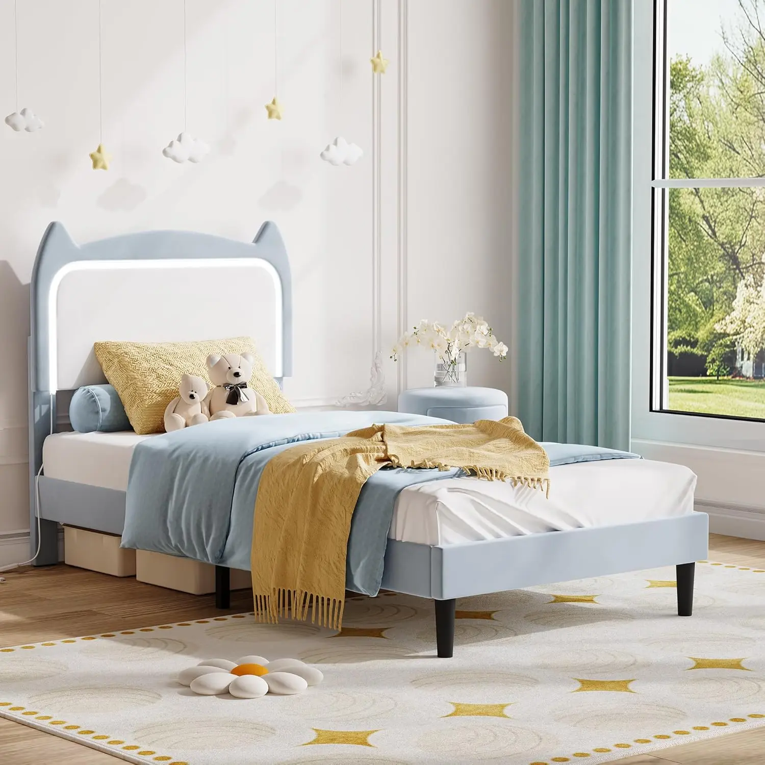 Gaomon Velvet Upholstered Twin Bed Frame - Cute Calming Princess Bed with Soft Curved Cat Headboard, Sturdy Wood Slats Support, LED Feature, No Box Spring Needed, Blue (for Girls), Cute Calming Bed, Soft Curved Headboard